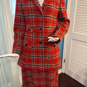 Pendleton Vintage Red/Black Plaid Wool Skirt Suit Set with Overcoat